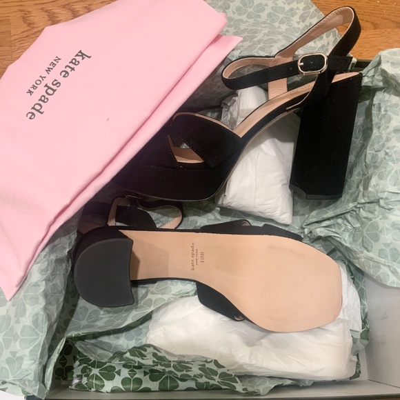 Kate Spade Delight Platform Heel Sandal Black Suede Block Heel Ankle Strap Pumps - Picture 14 of 16